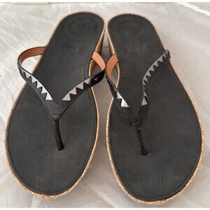 FitFlop Linny Zig Zag Sandal Shoe Womens 10 Black Pewter Cork Sole Wedge